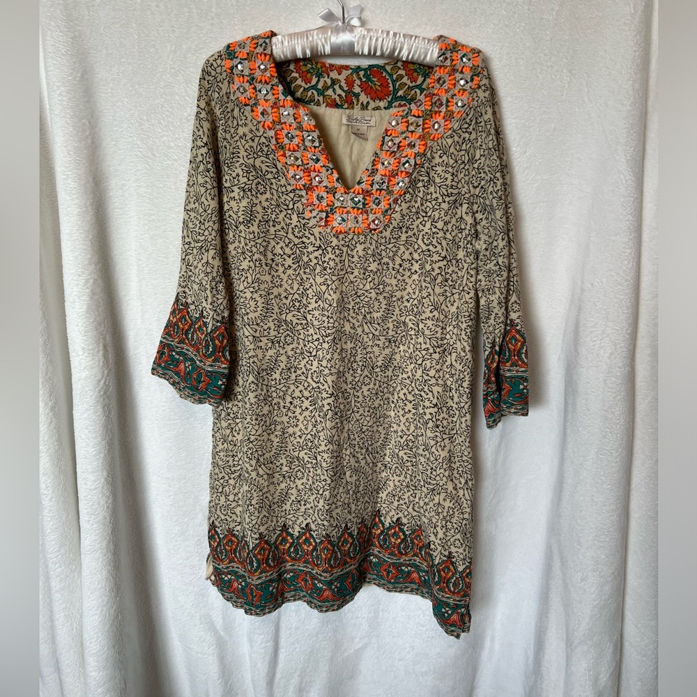 Lucky Brand Embroidered Boho Shift Dress Medium Tan Orange Green